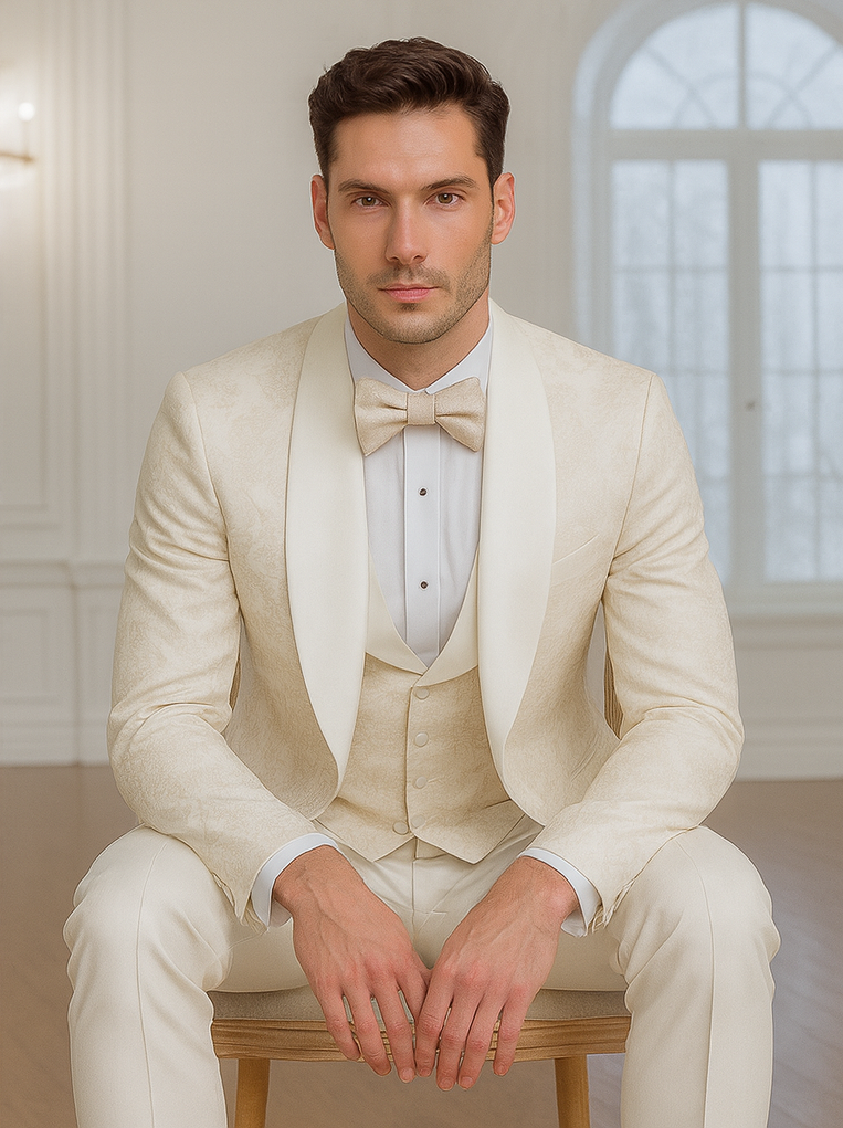 Mens Shawl Lapel Vested Wedding Prom Tuxedo in Ivory Off-white Gold Floral Paisley