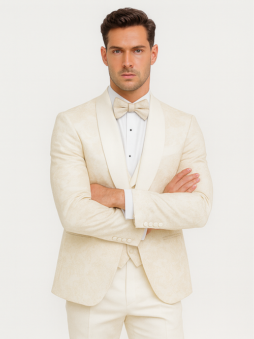 Mens Shawl Lapel Vested Wedding Prom Tuxedo in Ivory Off-white Gold Floral Paisley