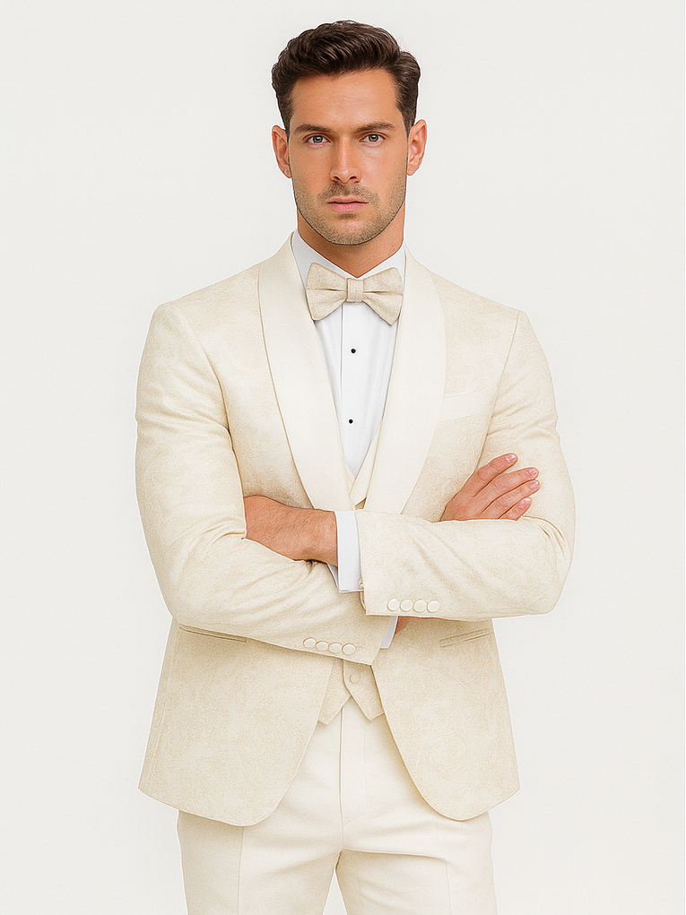 Mens Shawl Lapel Vested Wedding Prom Tuxedo in Ivory Off-white Gold Floral Paisley
