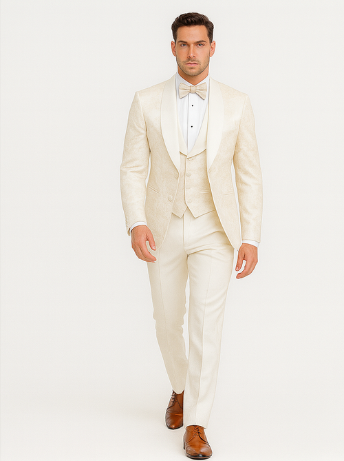 Mens Shawl Lapel Vested Wedding Prom Tuxedo in Ivory Off-white Gold Floral Paisley
