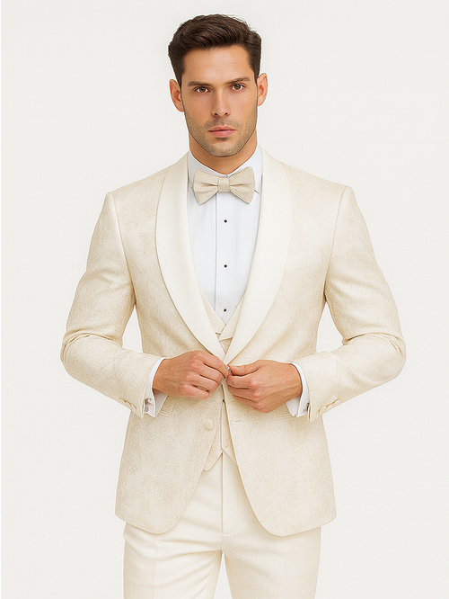 Mens Shawl Lapel Vested Wedding Prom Tuxedo in Ivory Off-white Gold Floral Paisley