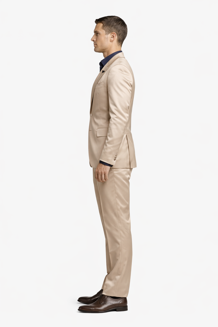 Mens Shiny Champagne Gold Two Piece Suit – Luxury Formal Satin Finish Suit for Wedding, Party and Evening Wear