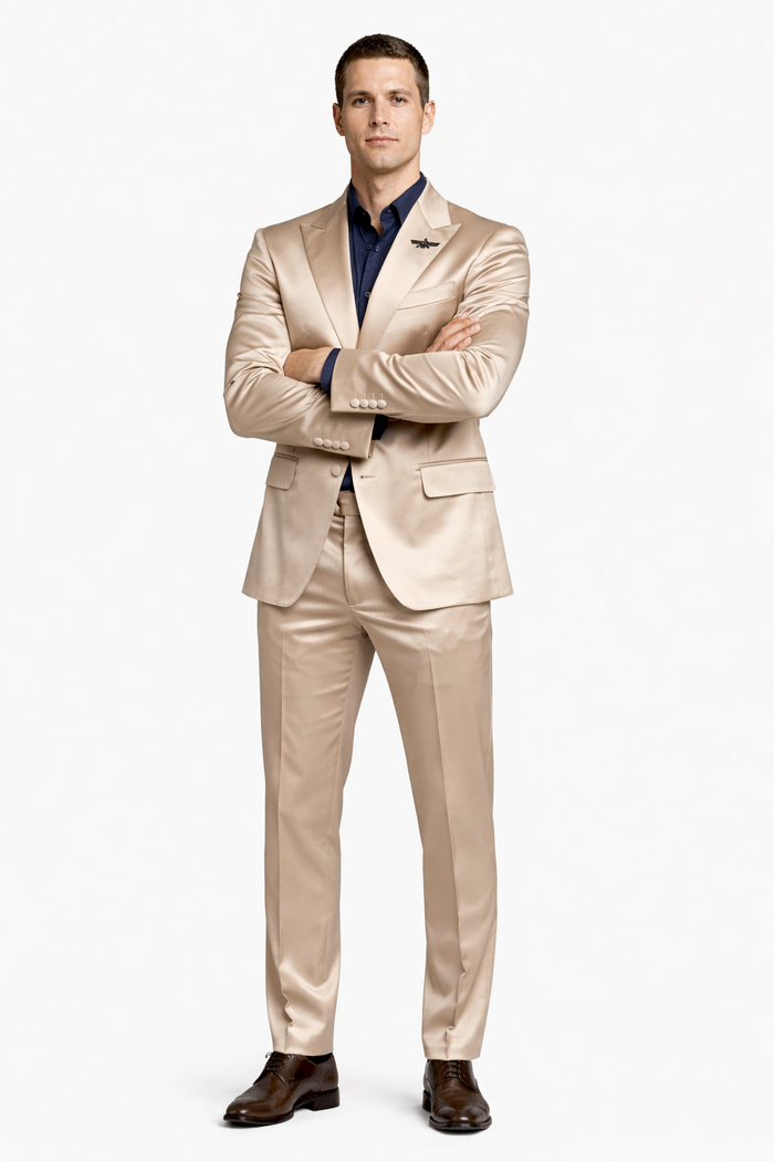 Mens Shiny Champagne Gold Two Piece Suit – Luxury Formal Satin Finish Suit for Wedding, Party and Evening Wear