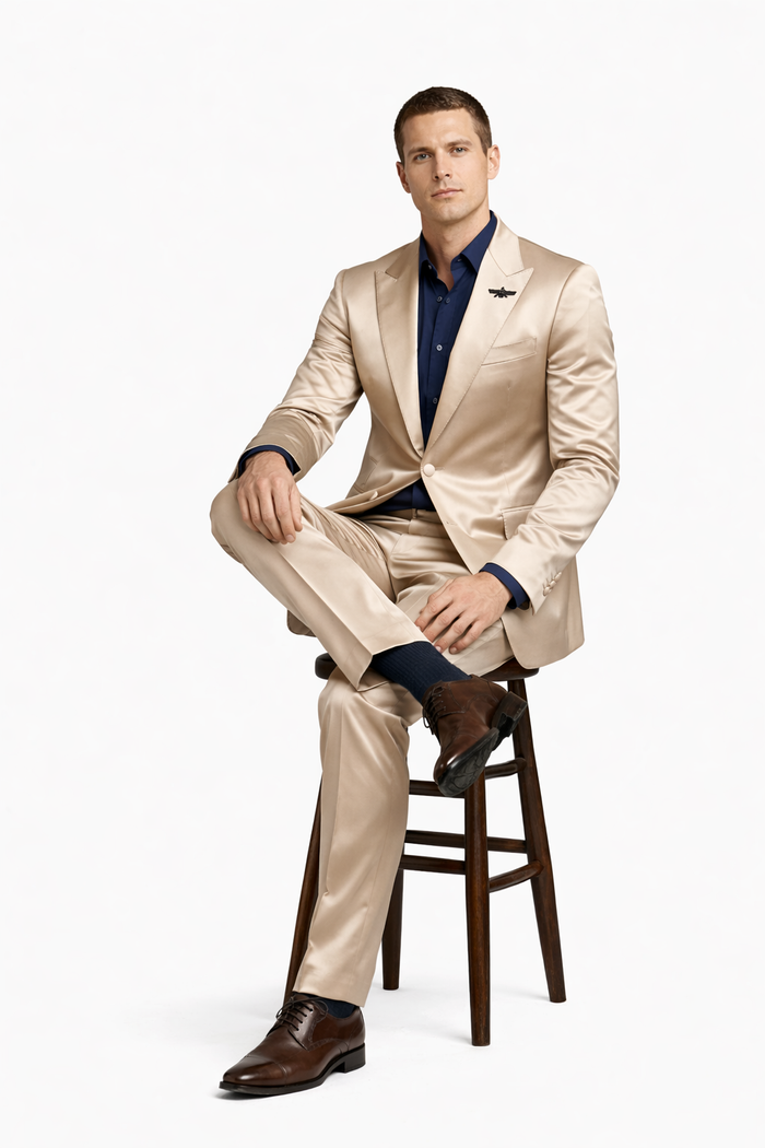 Mens Shiny Champagne Gold Two Piece Suit – Luxury Formal Satin Finish Suit for Wedding, Party and Evening Wear