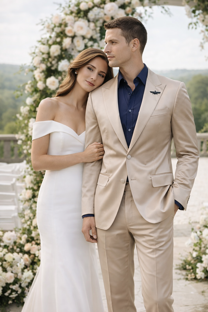Mens Shiny Champagne Gold Two Piece Suit – Luxury Formal Satin Finish Suit for Wedding, Party and Evening Wear