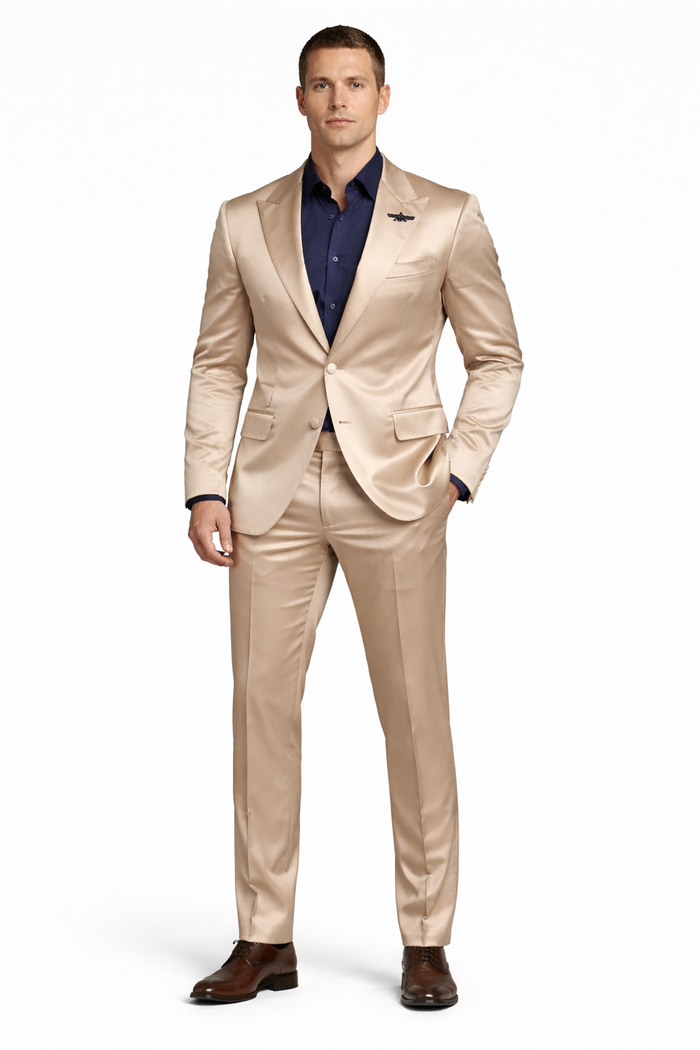 Mens Shiny Champagne Gold Two Piece Suit – Luxury Formal Satin Finish Suit for Wedding, Party and Evening Wear