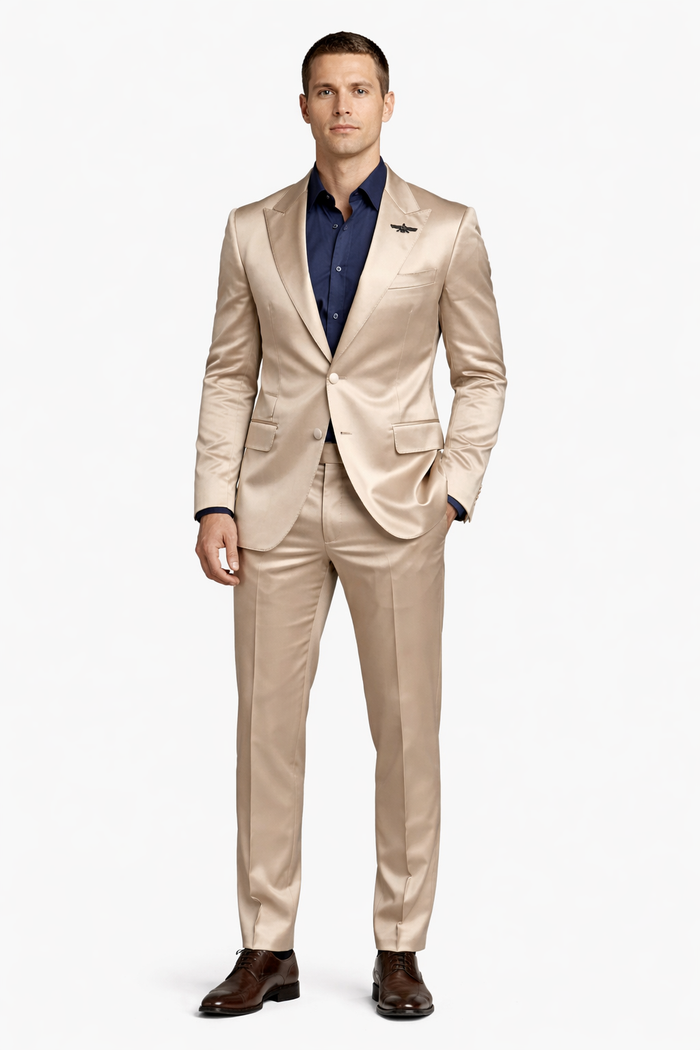 Mens Shiny Champagne Gold Two Piece Suit – Luxury Formal Satin Finish Suit for Wedding, Party and Evening Wear