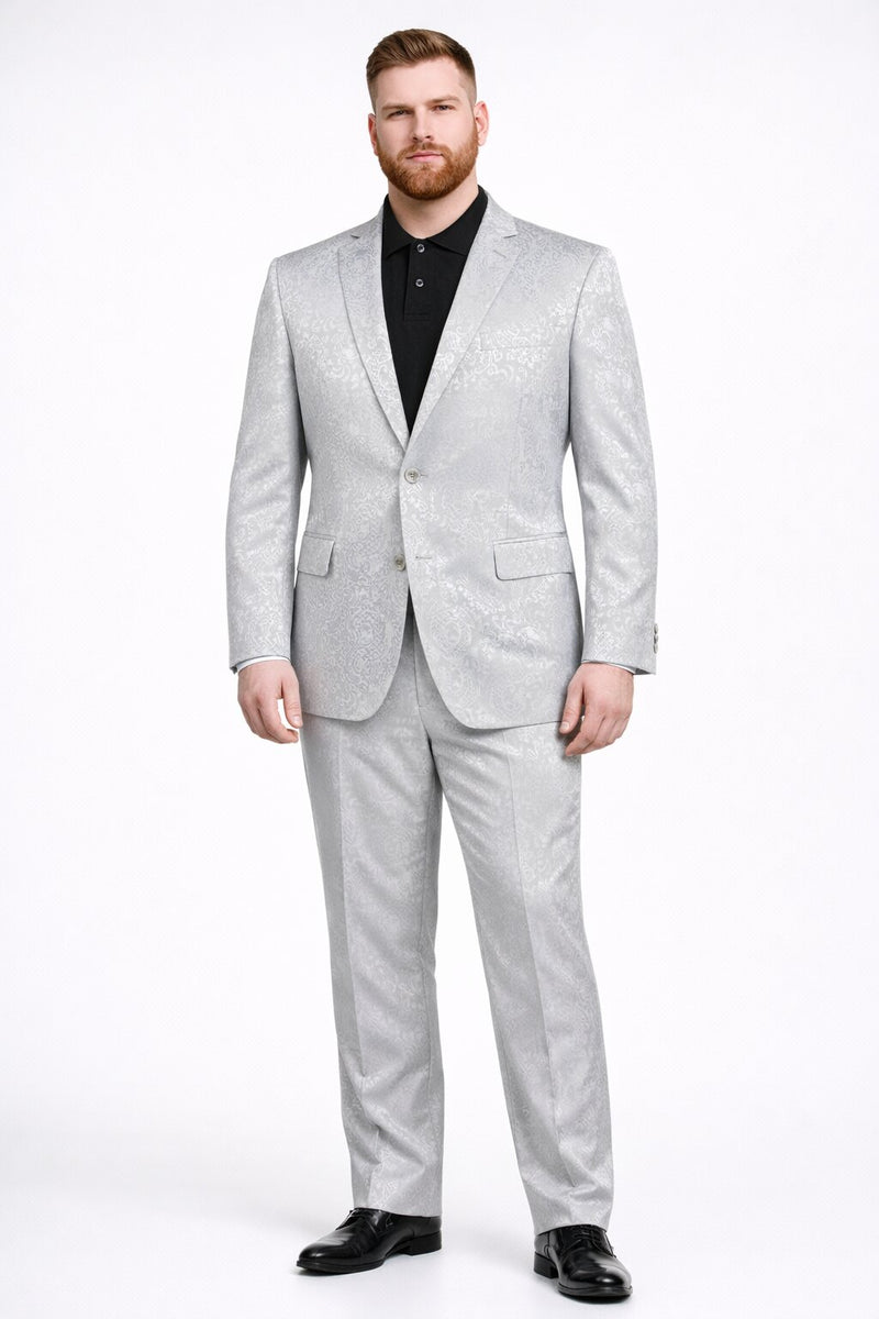 Mens Paisley Pattern Suit in Silver – Slim Fit Formal 2-Piece Set