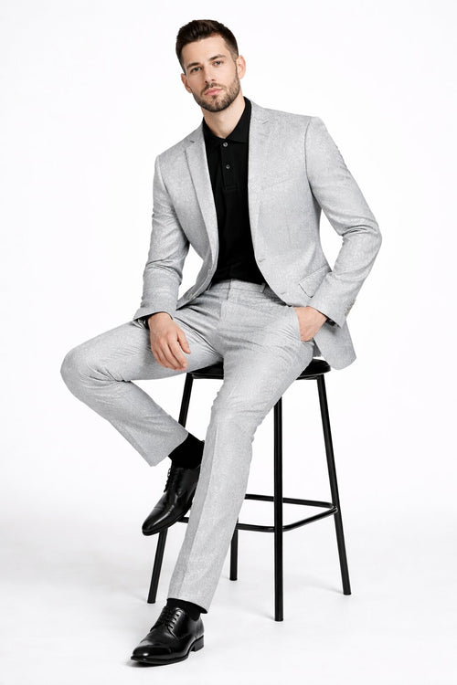 Mens Paisley Pattern Suit in Silver – Slim Fit Formal 2-Piece Set