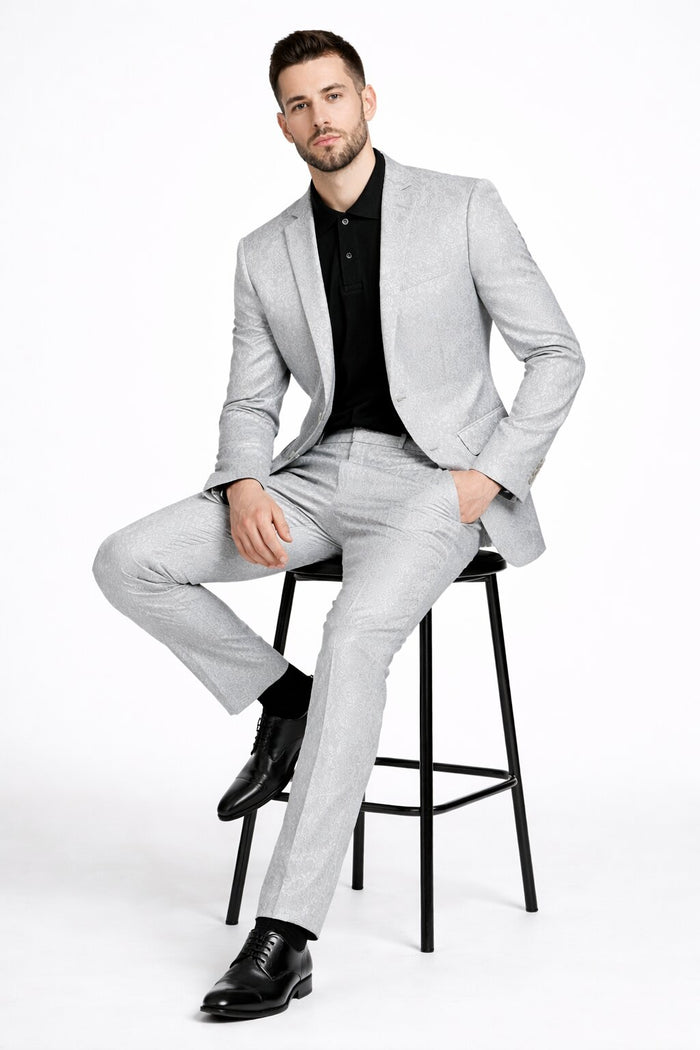 Mens Paisley Pattern Suit in Silver – Slim Fit Formal 2-Piece Set