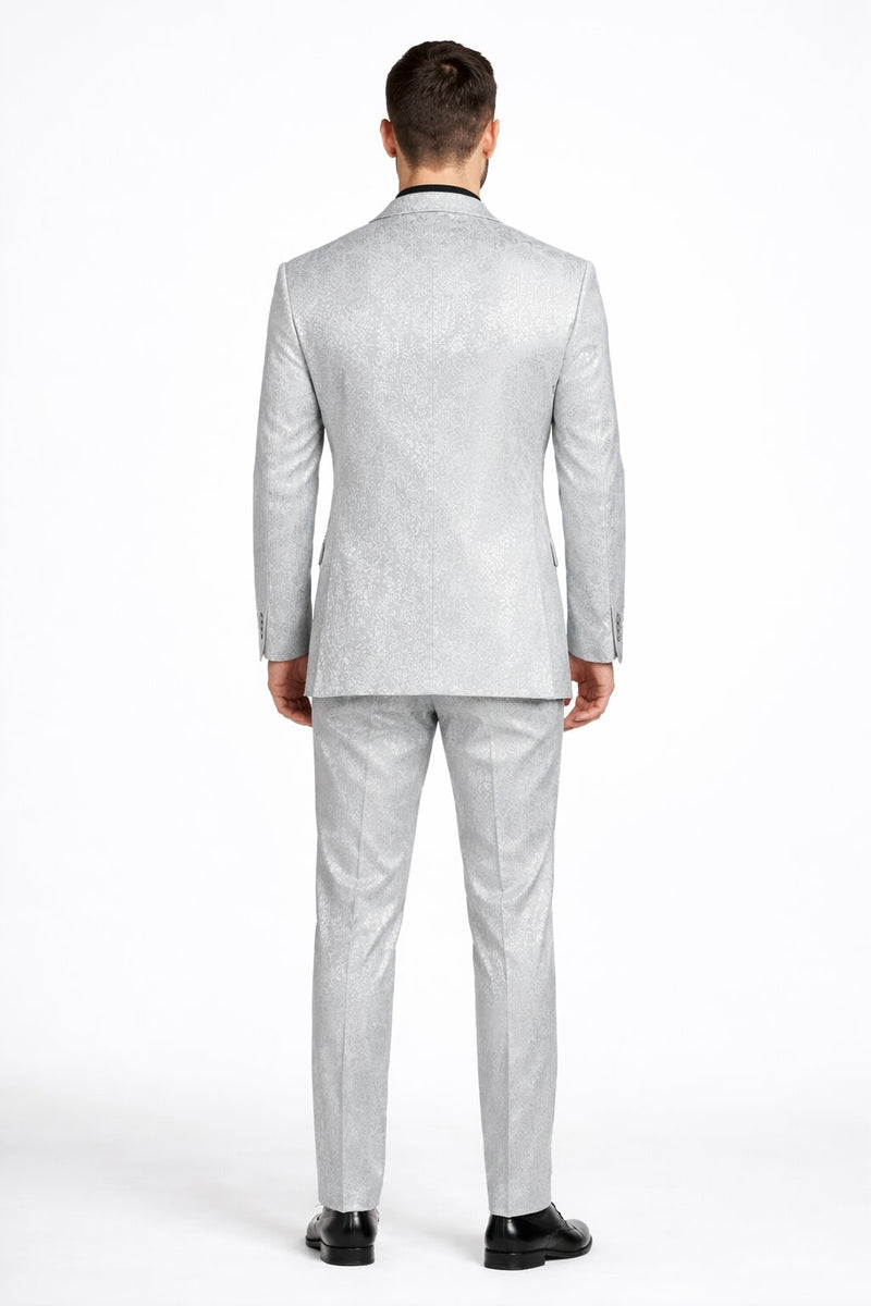 Mens Paisley Pattern Suit in Silver – Slim Fit Formal 2-Piece Set