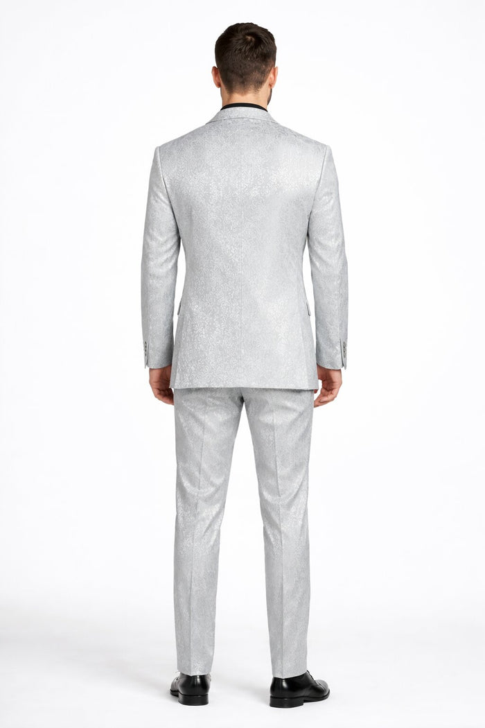 Mens Paisley Pattern Suit in Silver – Slim Fit Formal 2-Piece Set