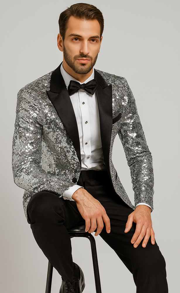 Men's silver sequin tuxedo: fitted jacket with black satin lapel and pockets. Shimmering sequin material. Paired with black trousers and white shirt.
