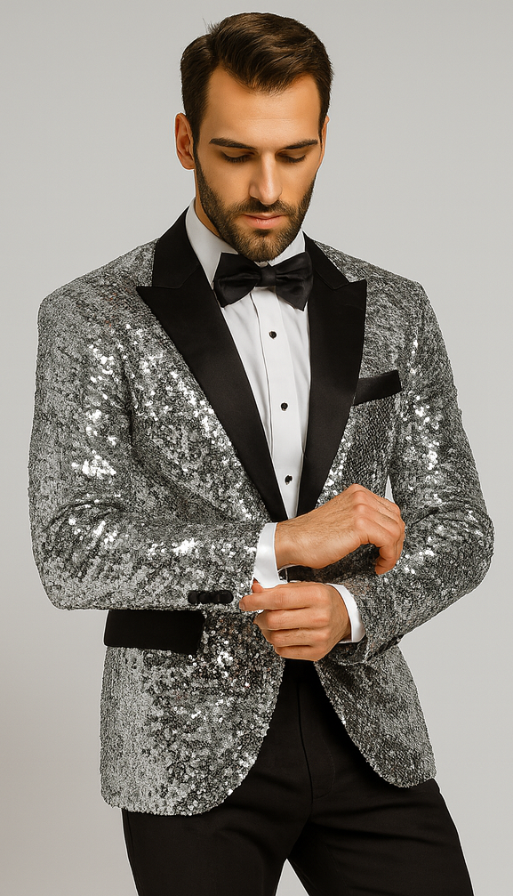 Men's silver sequin tuxedo jacket: fitted, black satin lapel, single-button, long sleeves. Shiny, reflective sequin surface.
