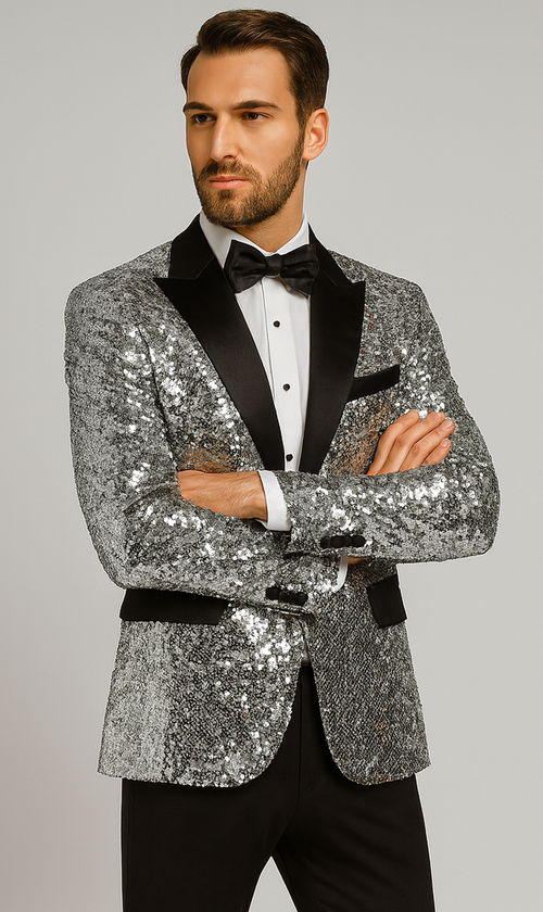 Men's silver sequin tuxedo jacket with black satin lapel, classic fit. Single-button closure, two pockets. Paired with white shirt, black bow tie, and solid black pants.
