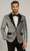 Men's silver sequin tuxedo. Fully sequined silver jacket with black satin lapel and pockets. Single-button closure, two front pockets. Perfect for prom or wedding.
