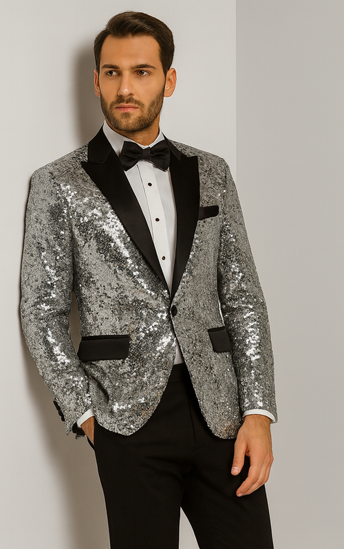 Men's silver sequin tuxedo: fitted silhouette, black satin lapel, shimmering silver sequins. Includes black pockets, paired with black trousers. Stylish and eye-catching.
