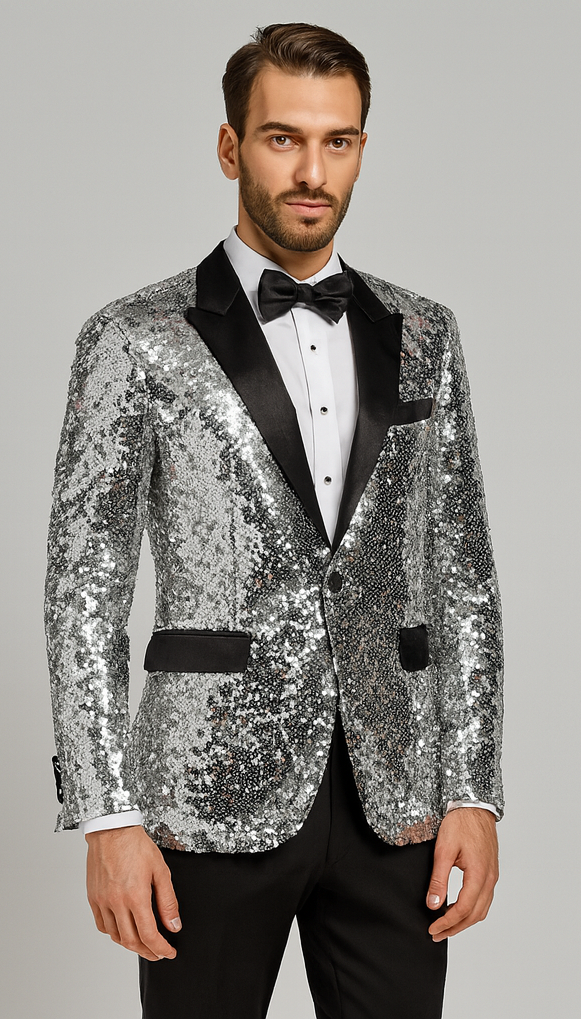 Men's tuxedo: Silver sequin jacket with black satin lapel/flaps. Single-button closure. Includes white shirt & black bow tie. Formal and eye-catching.
