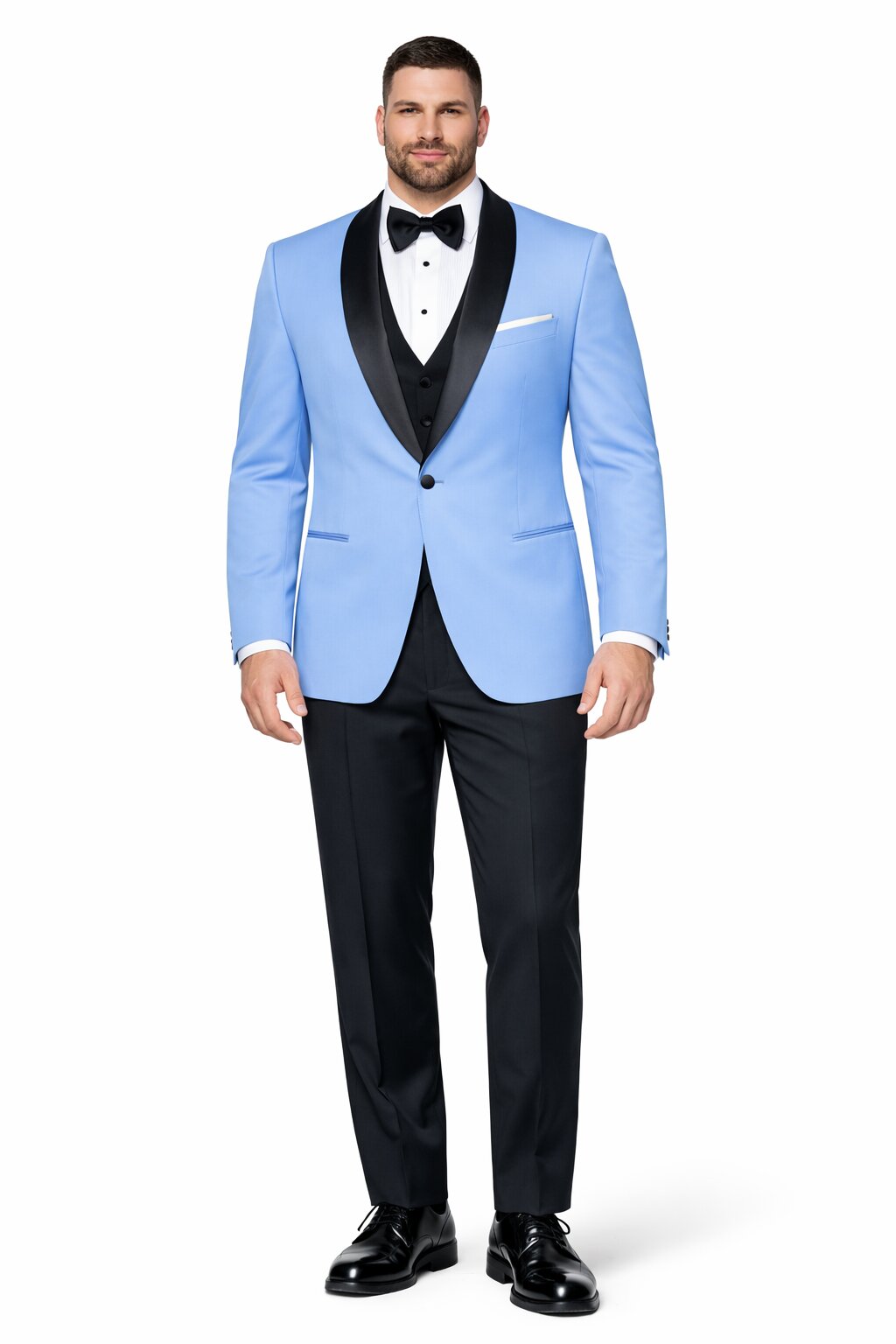 Mens Designer Satin Trim Valencia Shawl Tuxedo in Sky Blue