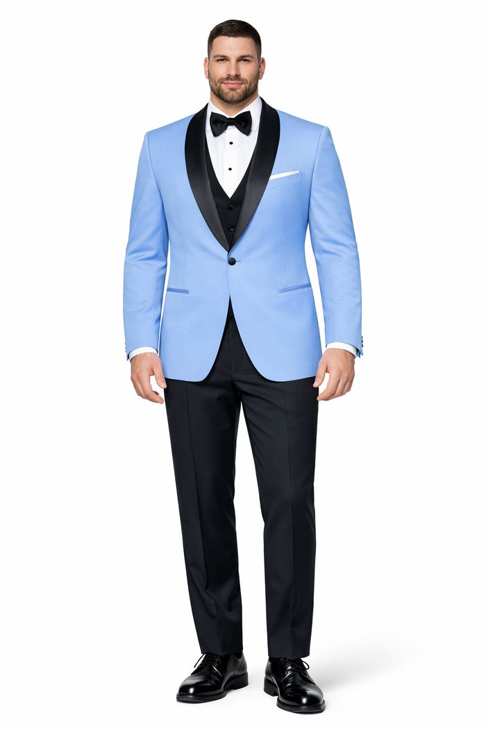 Mens Designer Satin Trim Valencia Shawl Tuxedo in Sky Blue