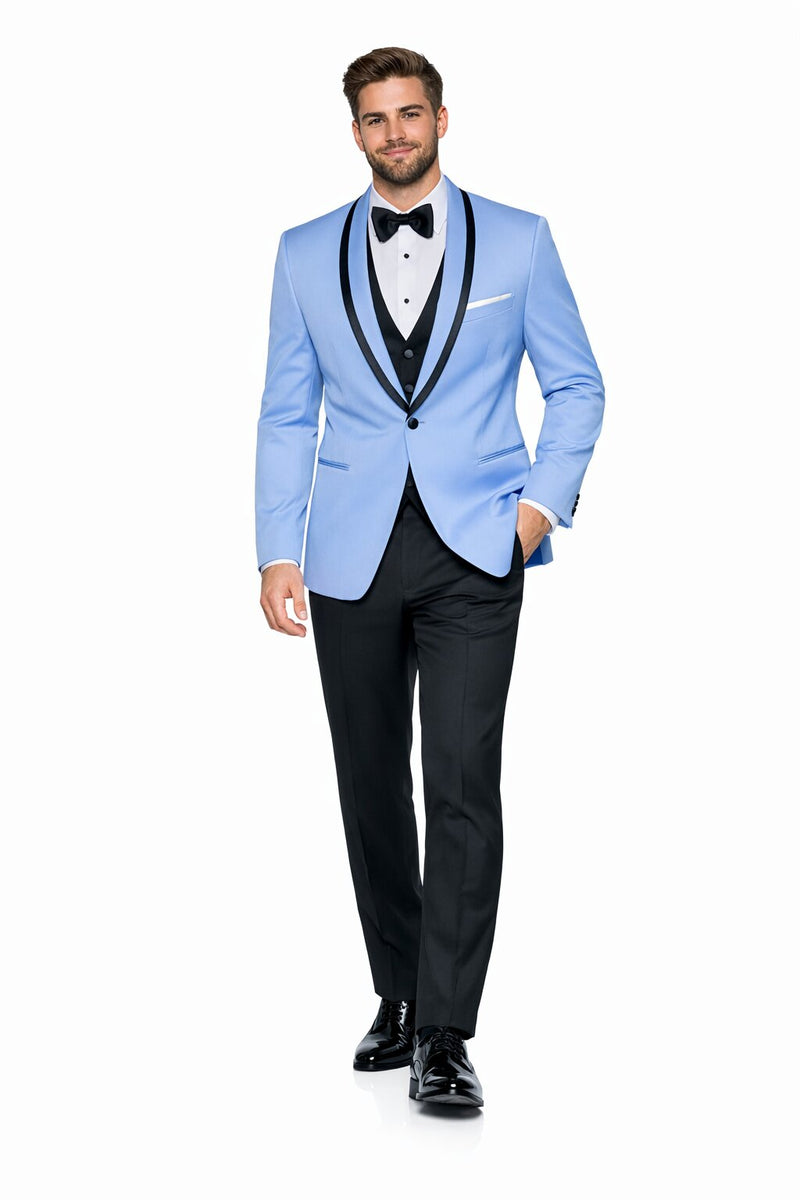 Mens Designer Satin Trim Valencia Shawl Tuxedo in Sky Blue