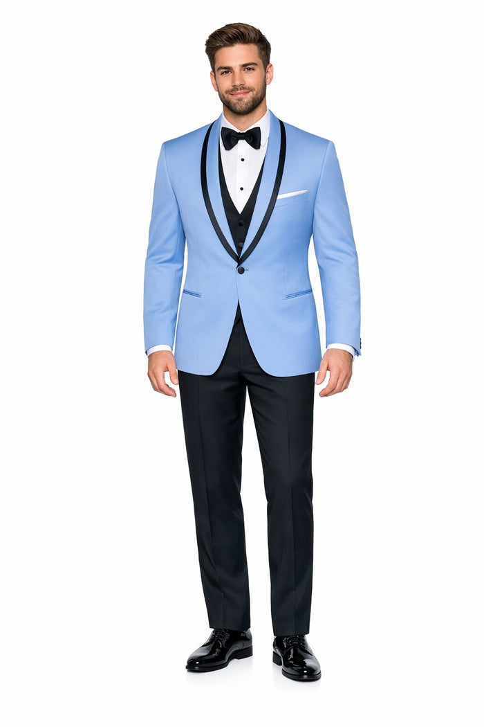 Mens Designer Satin Trim Valencia Shawl Tuxedo in Sky Blue
