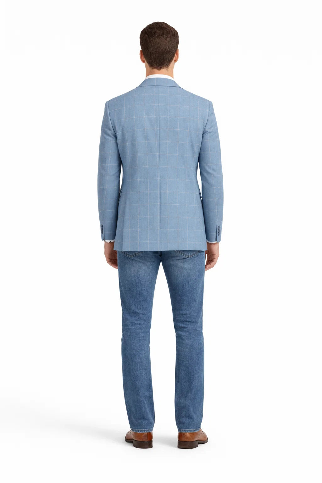 Men's Slim Fit Business Casual Summer Windowpane Plaid Blazer in Light Blue