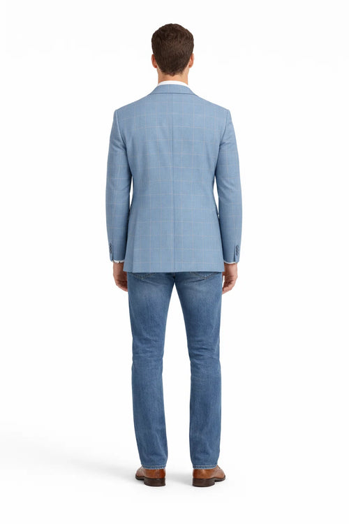 Men's Slim Fit Business Casual Summer Windowpane Plaid Blazer in Light Blue
