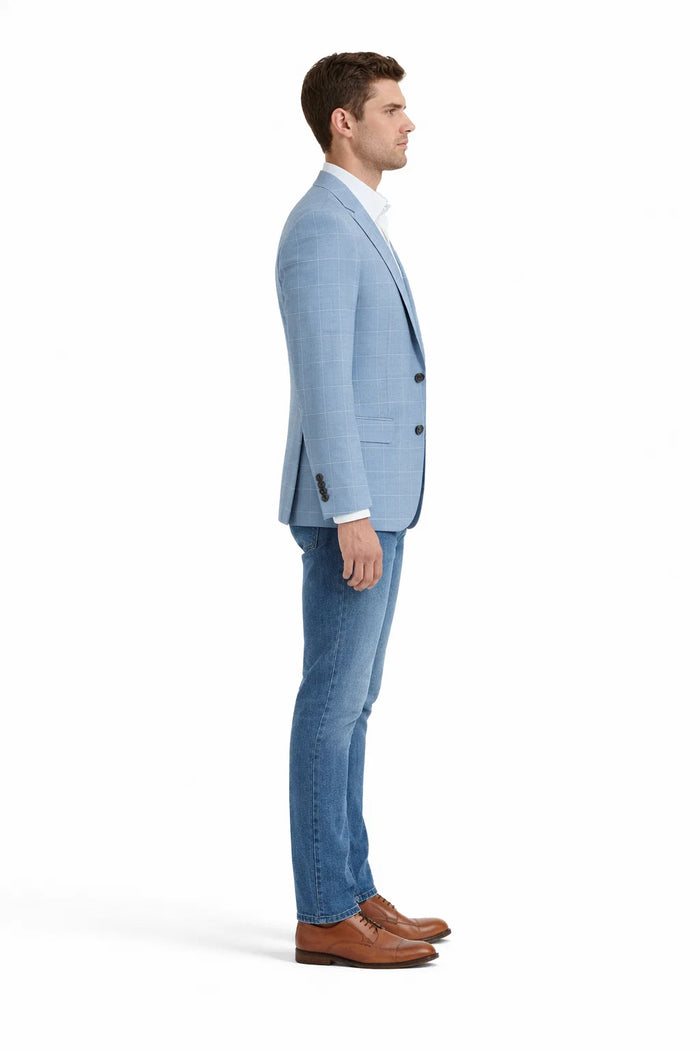 Men's Slim Fit Business Casual Summer Windowpane Plaid Blazer in Light Blue