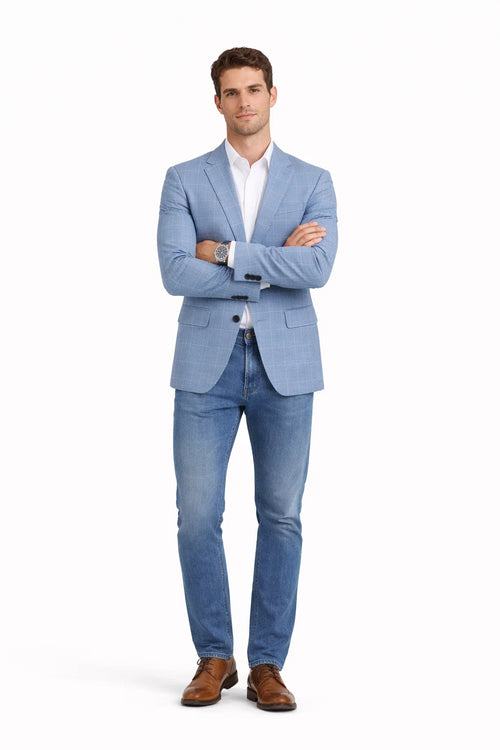 Men's Slim Fit Business Casual Summer Windowpane Plaid Blazer in Light Blue
