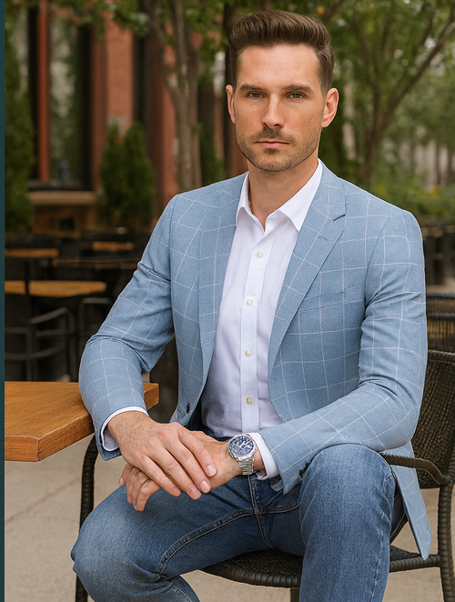 Men's Slim Fit Business Casual Summer Windowpane Plaid Blazer in Light Blue