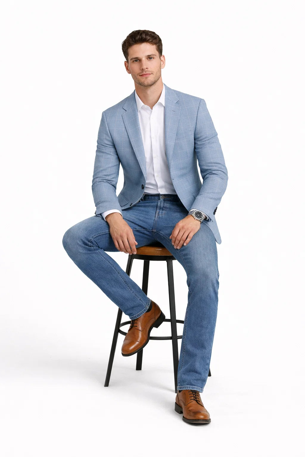 Men's Slim Fit Business Casual Summer Windowpane Plaid Blazer in Light Blue