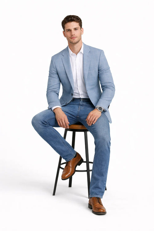 Men's Slim Fit Business Casual Summer Windowpane Plaid Blazer in Light Blue