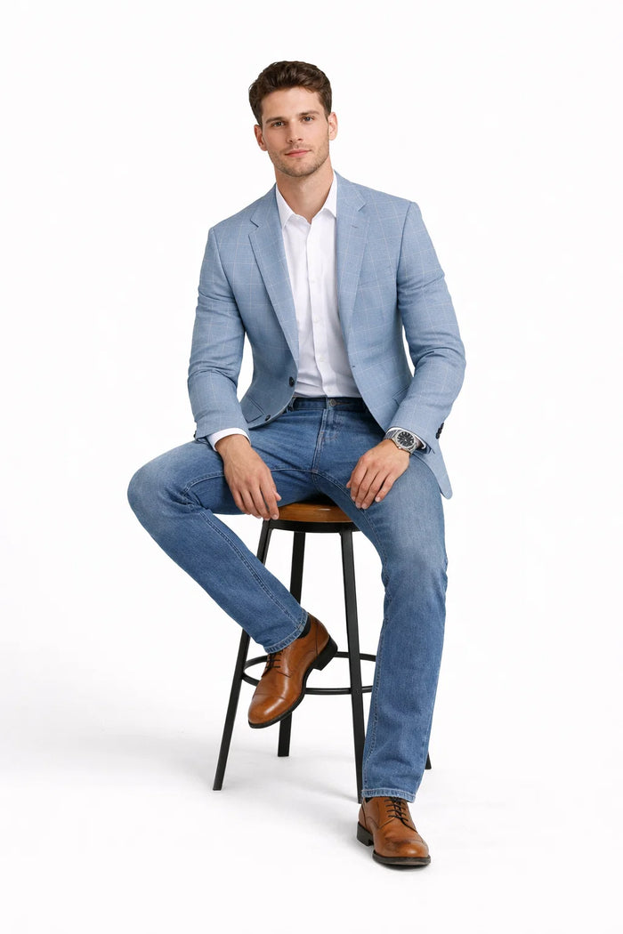 Men's Slim Fit Business Casual Summer Windowpane Plaid Blazer in Light Blue
