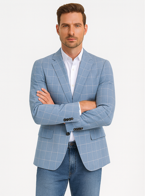 Men's Slim Fit Business Casual Summer Windowpane Plaid Blazer in Light Blue