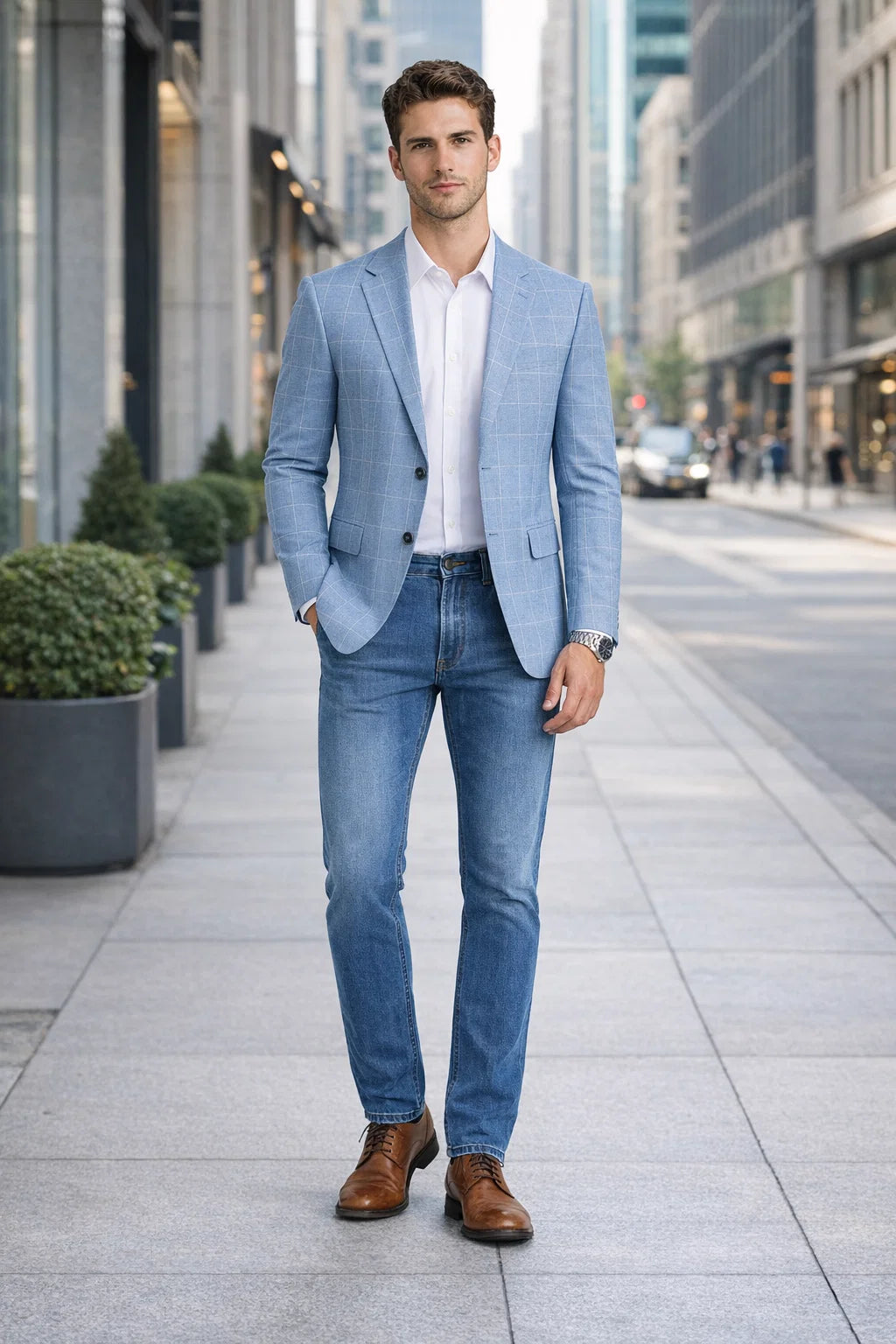 Men's Slim Fit Business Casual Summer Windowpane Plaid Blazer in Light Blue