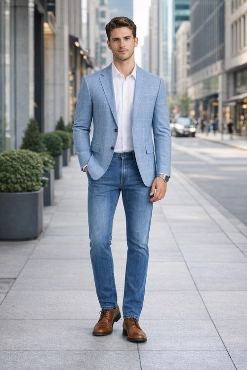 Men's Slim Fit Business Casual Summer Windowpane Plaid Blazer in Light Blue