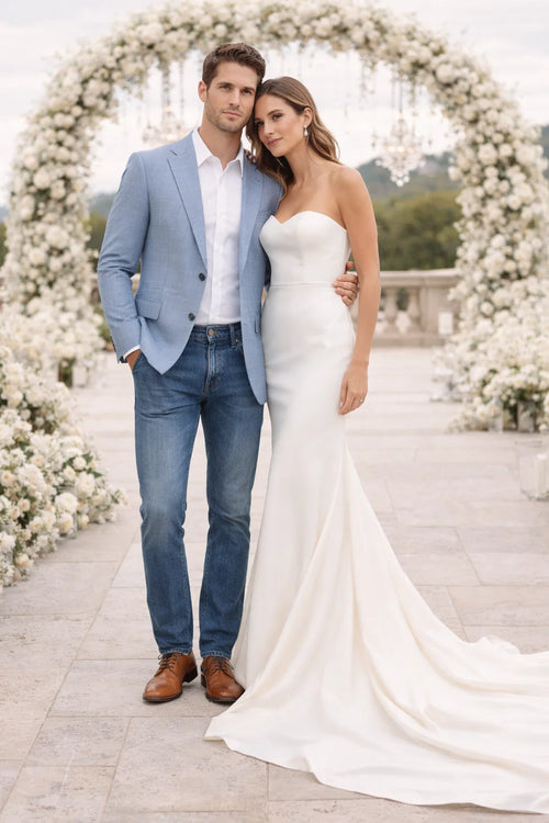 Men's Slim Fit Business Casual Summer Windowpane Plaid Blazer in Light Blue