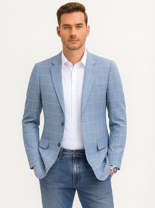 Men's Slim Fit Business Casual Summer Windowpane Plaid Blazer in Light Blue