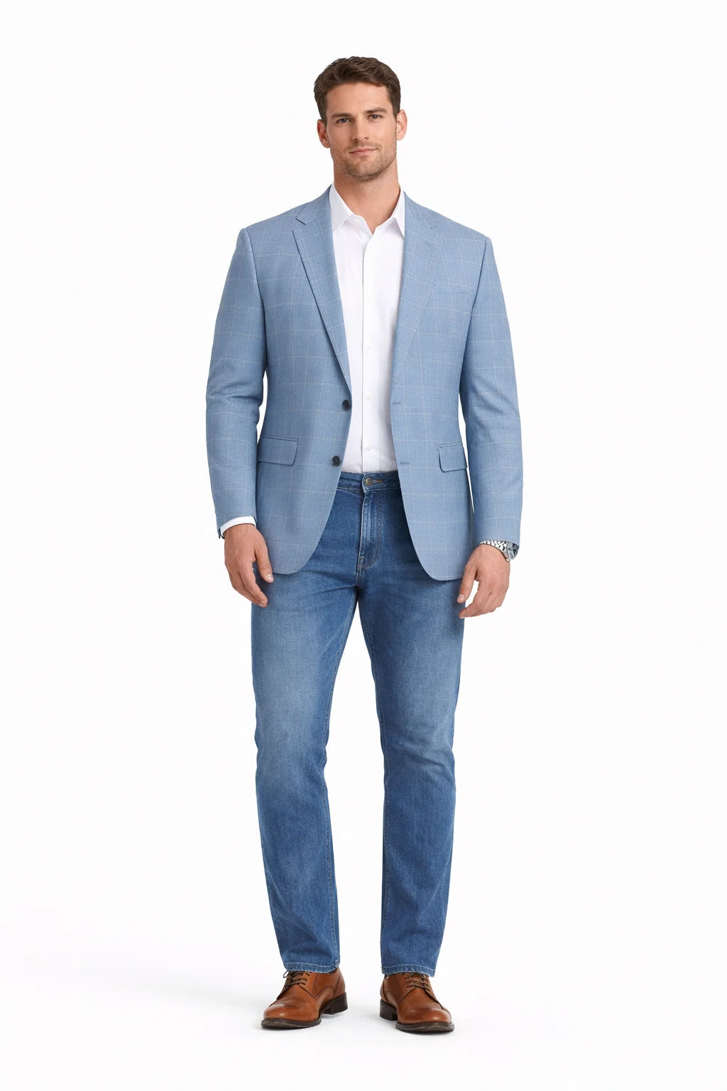 Men's Slim Fit Business Casual Summer Windowpane Plaid Blazer in Light Blue