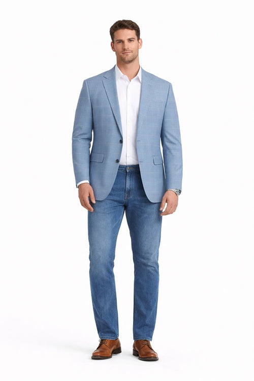 Men's Slim Fit Business Casual Summer Windowpane Plaid Blazer in Light Blue