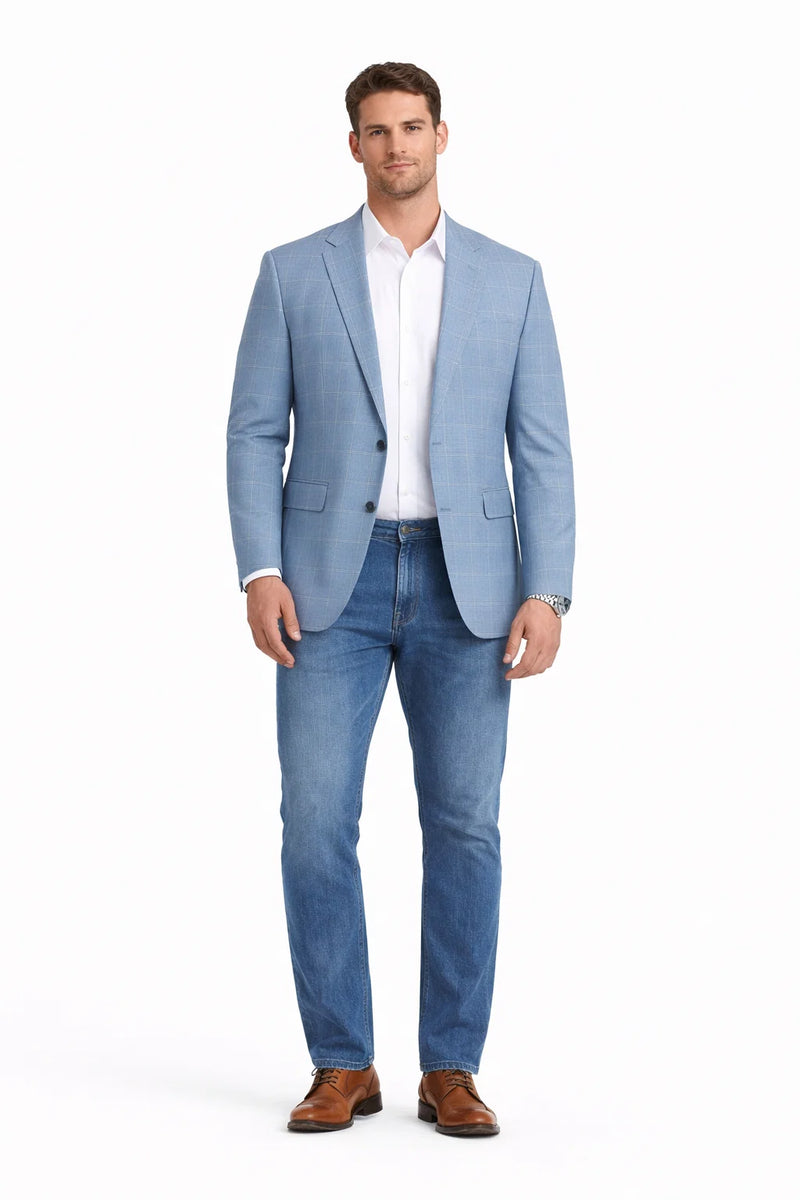 Men's Slim Fit Business Casual Summer Windowpane Plaid Blazer in Light Blue