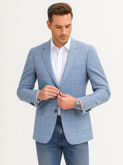 Men's Slim Fit Business Casual Summer Windowpane Plaid Blazer in Light Blue