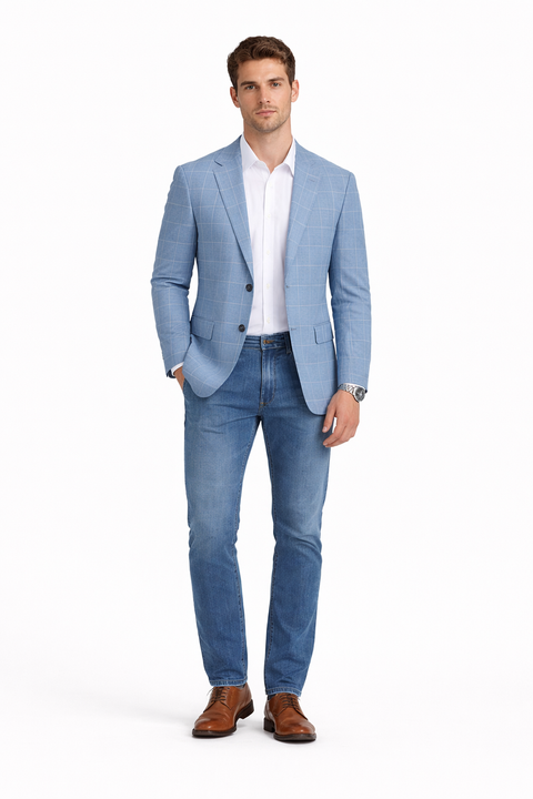 Men's Slim Fit Business Casual Summer Windowpane Plaid Blazer in Light Blue