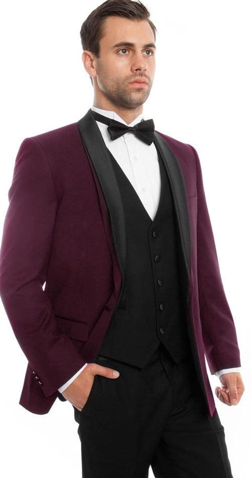 Mens Slim Fit Double Breasted 3 Piece Unique Tuxedo Purple/Black Tazio MT252S-03