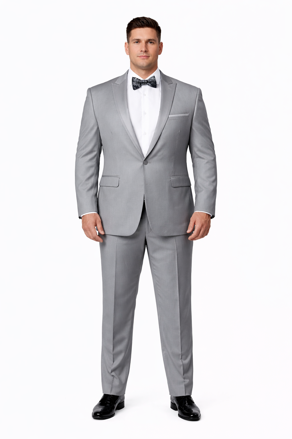 Men's Slim Fit One Button Satin Trim Peak Lapel Prom & Wedding Flat Front Pants Tuxedo In Light Grey
