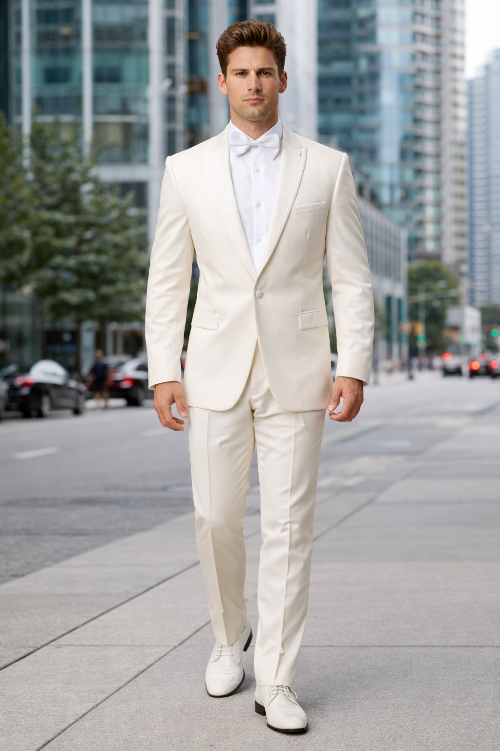 Men's Slim Fit One Button Satin Trim Peak Lapel Prom & Wedding Tuxedo In Ivory