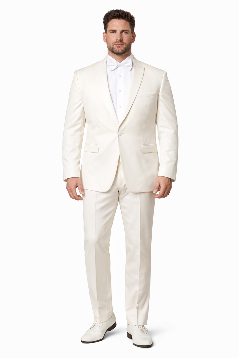 Men's Slim Fit One Button Satin Trim Peak Lapel Prom & Wedding Tuxedo In Ivory