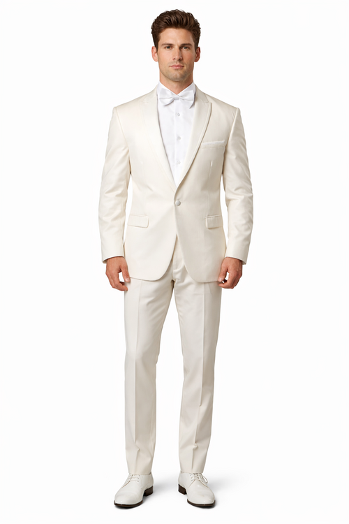 Men's Slim Fit One Button Satin Trim Peak Lapel Prom & Wedding Tuxedo In Ivory
