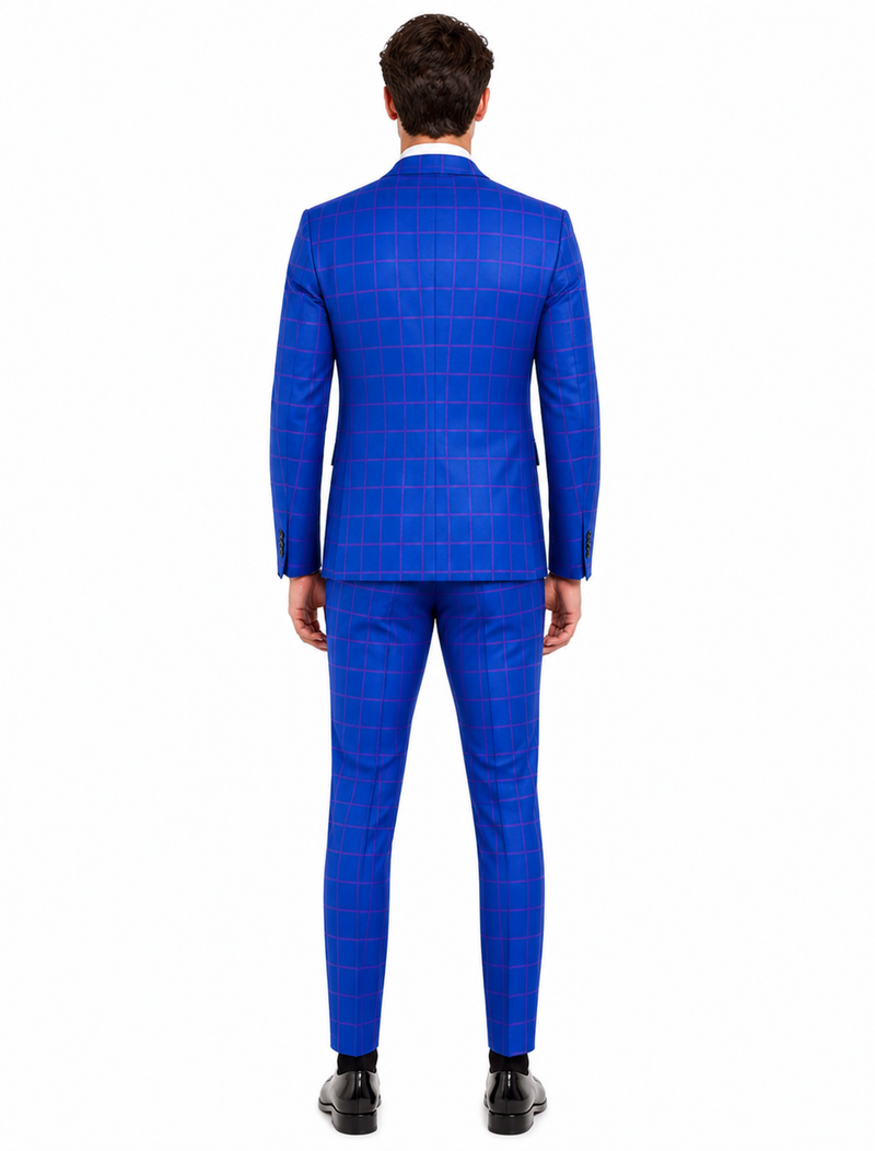 Mens Slim Fit Plaid Suit in Blue – Elegant 3 Piece Formal Set